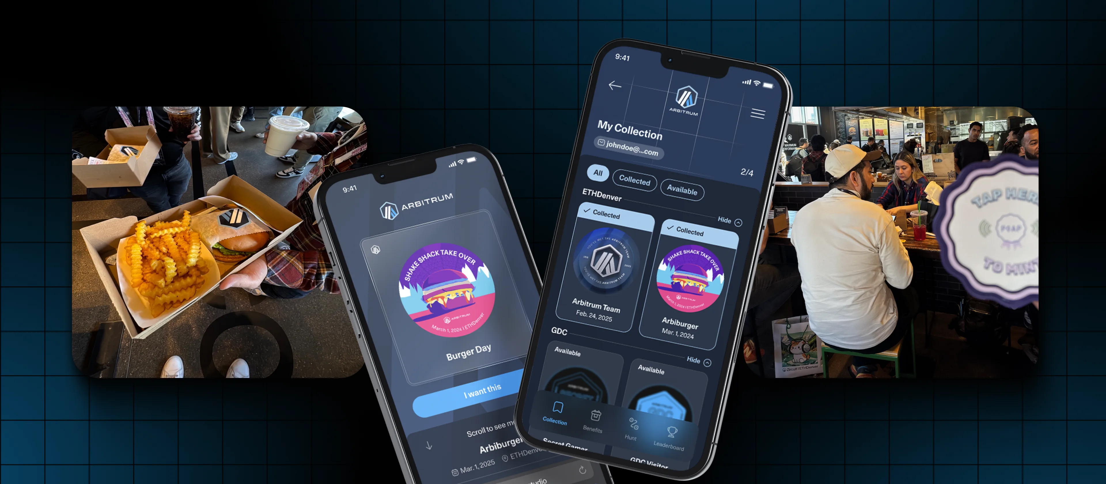 Arbitrum multi-site quest app showing Shake Shack takeover and NFC collection at ETHDenver and GDC