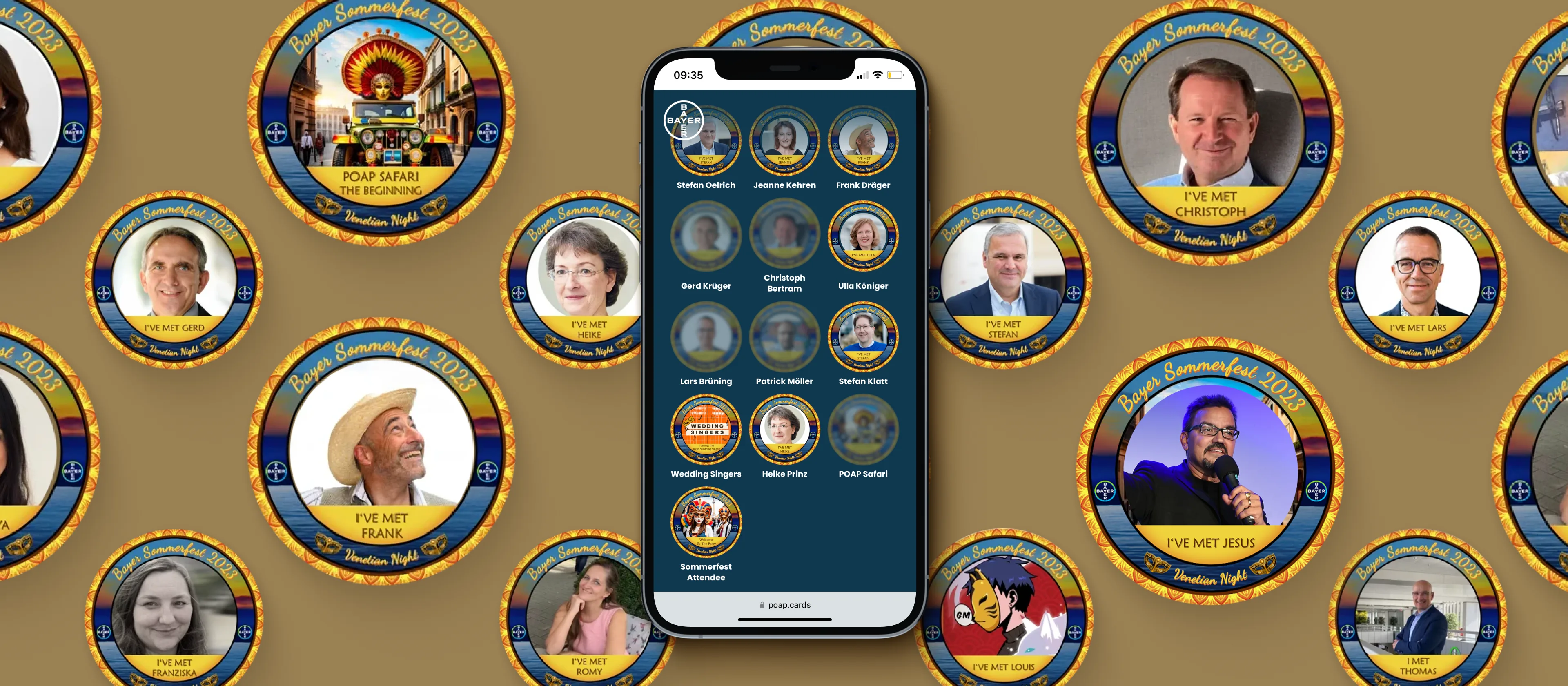 Bayer Pharma social game activation overview with passport, NFC cards, and event highlights