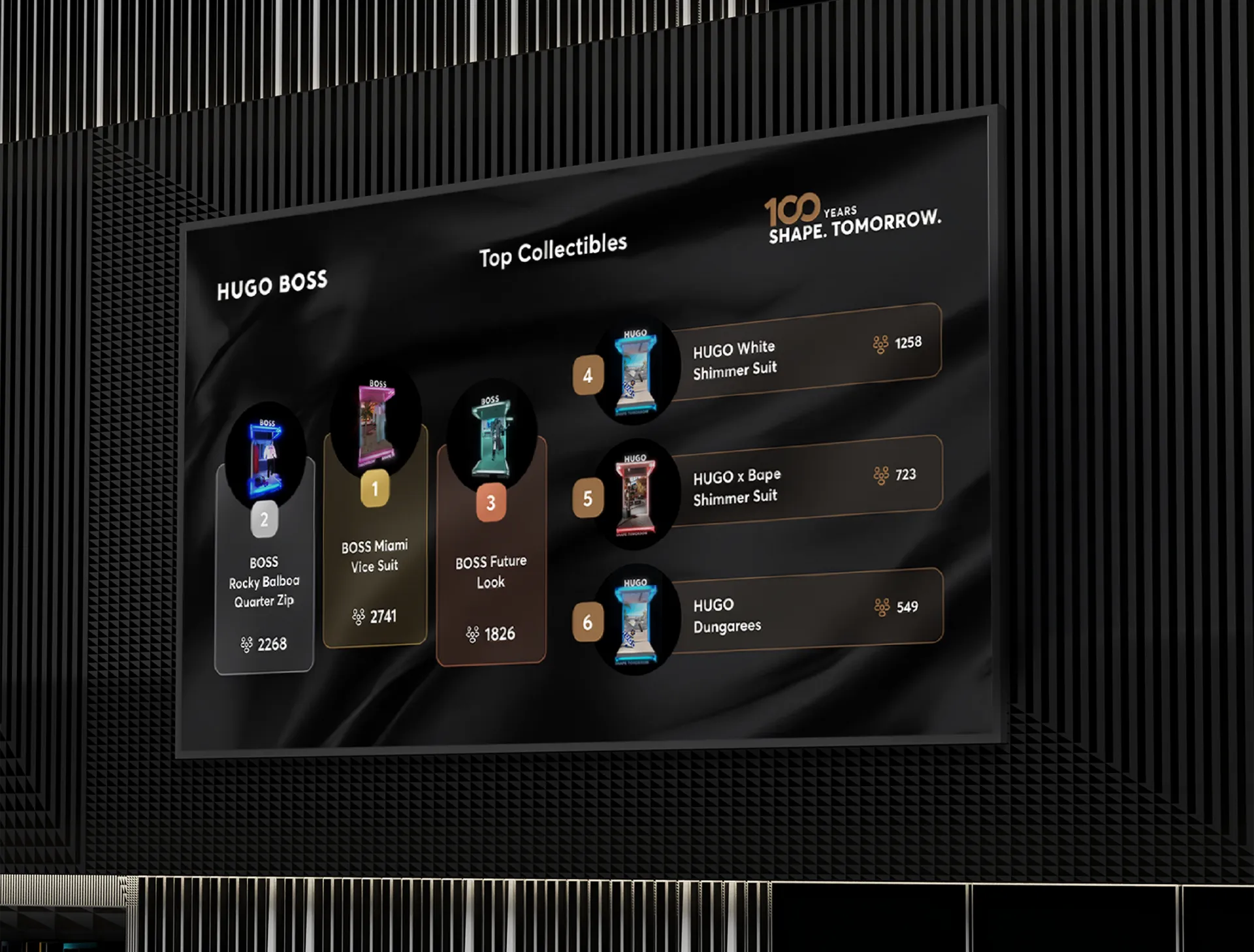 HUGO BOSS Top Collectibles leaderboard showing ranked 3D fashion pieces