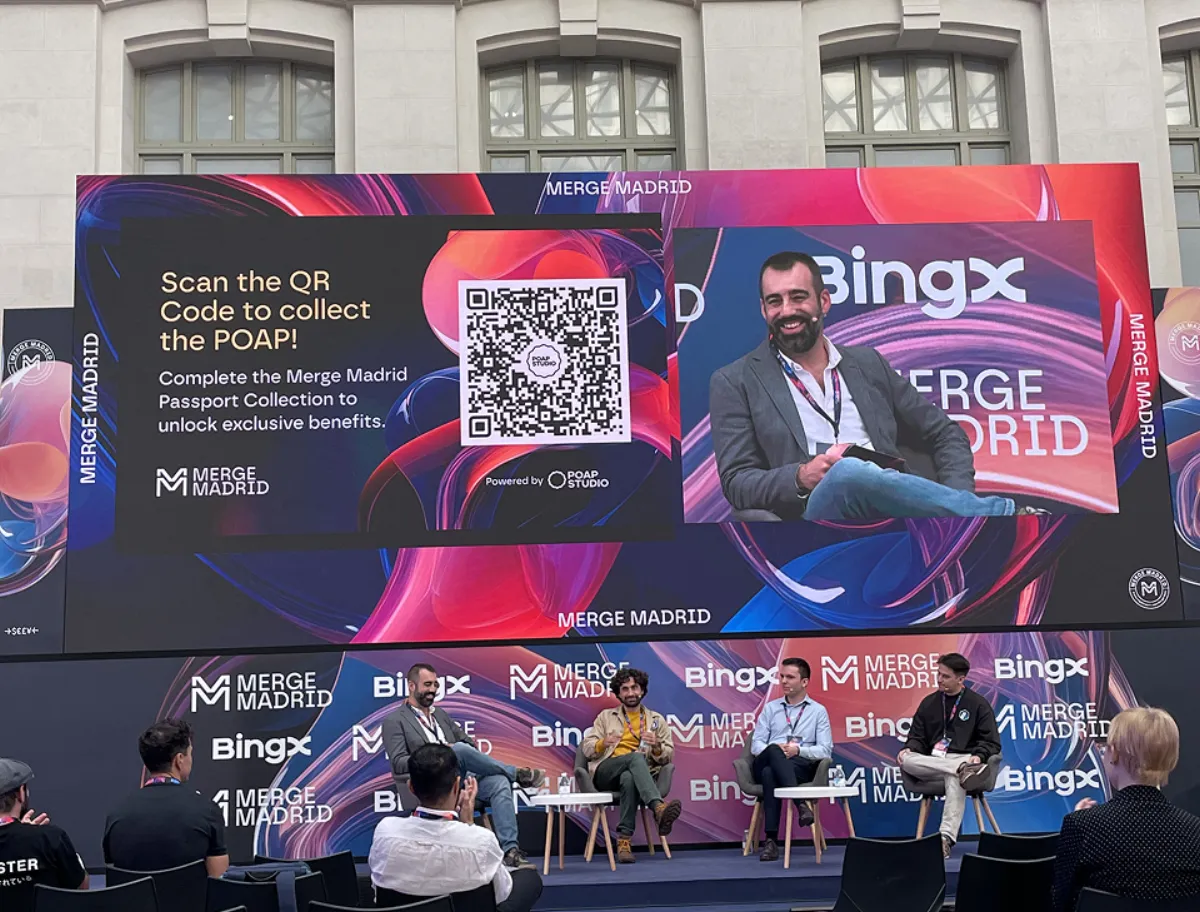 Merge Madrid stage showing QR code POAP collection powered by POAP Studio