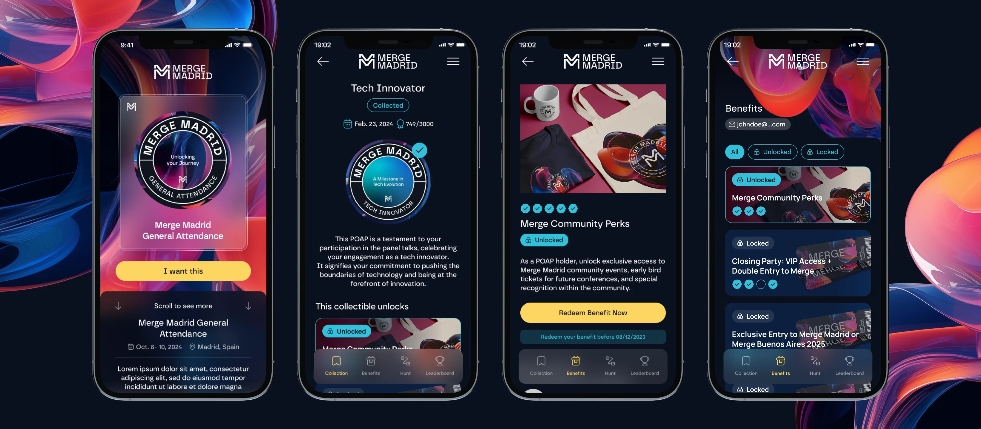 Merge Madrid app screens showing POAP collection, benefits, and rewards